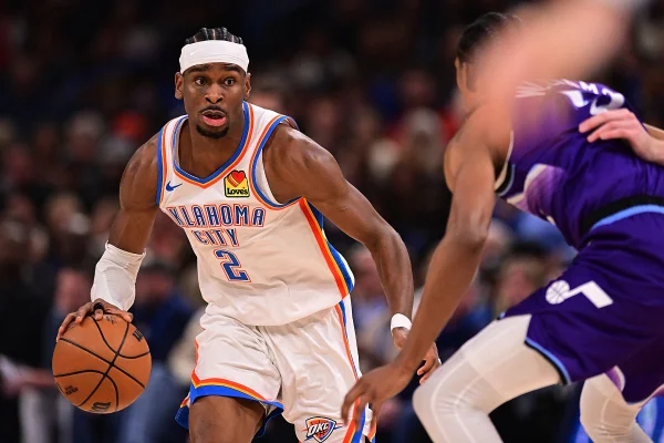 Shai Gilgeous-Alexander #2 of the Oklahoma City Thunder handles the ball during the second half against the Utah Jazz at Paycom Center on January 7, 2026 in Oklahoma City, Oklahoma