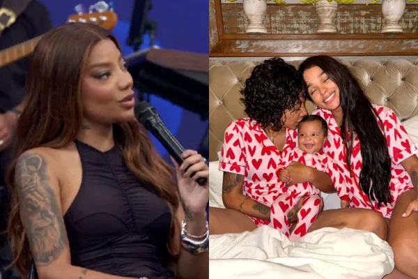 montagem colorida com fotos de Ludmilla no Altas Horas e ao lado foto com sua família