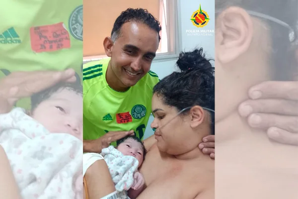 foto colorida. mulher com bebê no colo e homem em pé ao lado da mulher