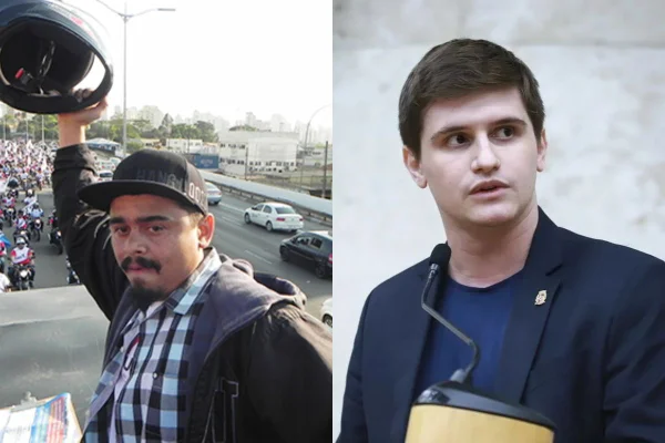 Imagem colorida mostra Gilberto Almeida dos Santos, presidente do Sindimoto-SP, e Lucas Pavanato, vereador do PL em São Paulo - Metrópoles
