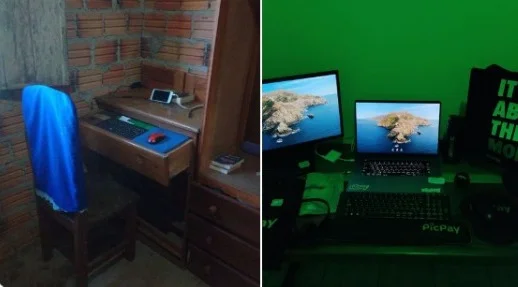 Evolução do setup de Cezar, que começou a programar em um celular
