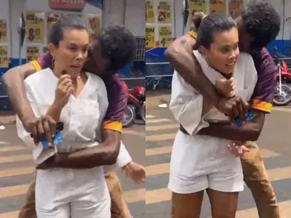Momento em que a infuencer Mycaela Parreira é vítima de importunação sexual por um homem, durante gravação - Metrópoles