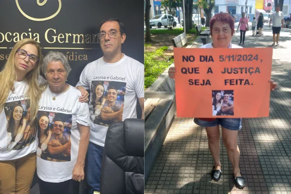 Manifestação às vésperas de júri pede justiça pela morte do casal Gabriel e Laryssa, que foram atingidos por um motorista bêbado em 2020 - Metrópoles