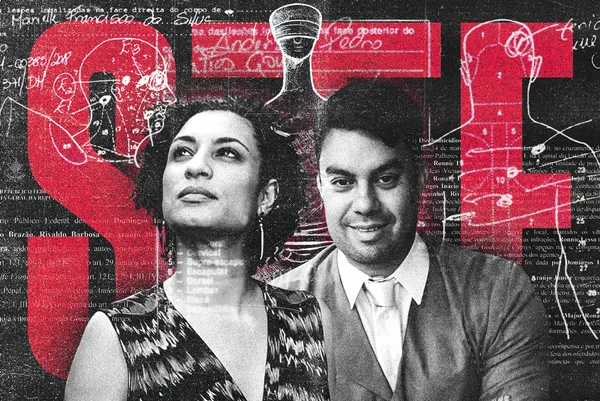 Ilustração com fotos de Marielle Franco e Anderson Gomes em preto e branco sobre as letras STF