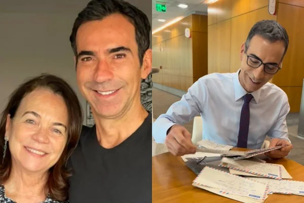 Monstagem de duas fotos em que César Tralli está ao lado da mãe, Edna. Na segunda, ele mostra cartas guardadas por ela