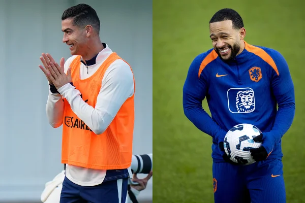 Foto colorida de Cristiano Ronaldo, de Portugal, e Depay, da Holanda - Metrópoles