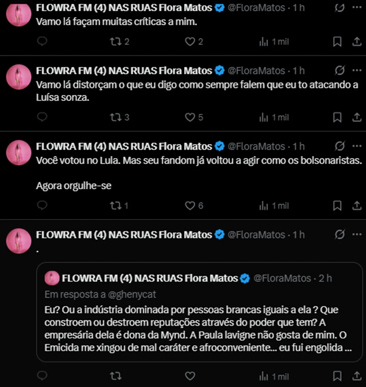 Em publicação no X, Flora Matos faz críticas aos fãs de Luísa Sonza Em publicação no X, Flora Matos faz críticas aos fãs de Luísa Sonza