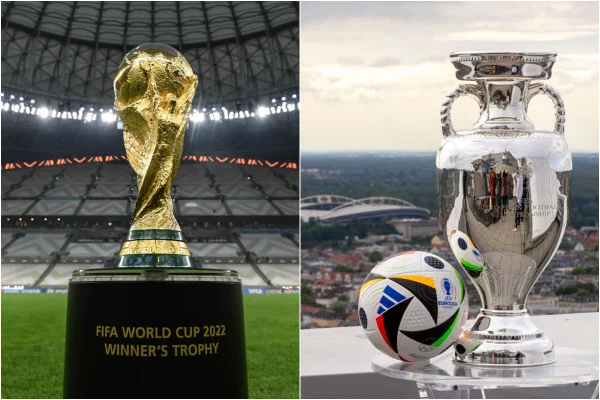 Imagem colorida dos troféus da Copa do Mundo e da Eurocopa- Metrópoles