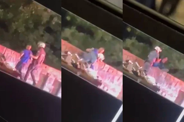 Montagem com fotos coloridas de um agente jogando um homem de uma ponte