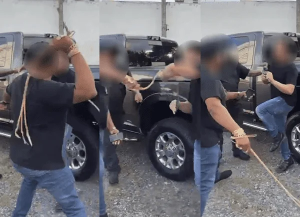 Fotografias coloridas mostram homem sendo chicoteado por outro