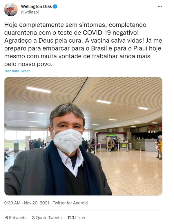 Wellington Dias retorna ao Brasil após resultado negativo para Covid - destaque galeria