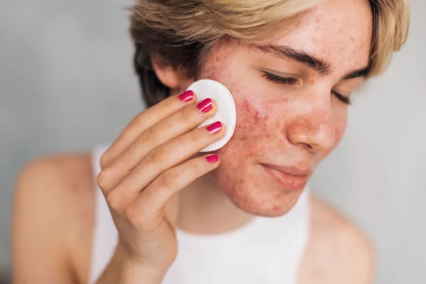 Jovem com unhas pintadas usando algodão no rosto contra fundo branco