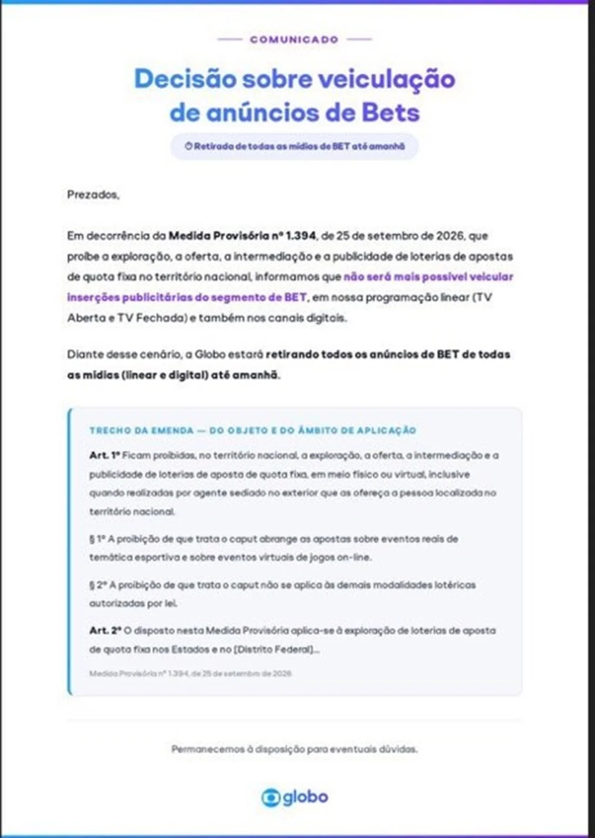 Após proibição das bets, Globo se movimenta e envia comunicado às afiliadas - imagem 1 Após proibição das bets, Globo se movimenta e envia comunicado às afiliadas - imagem 1