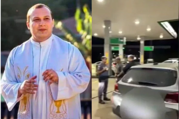 Montagem mostra duas fotos coloridas lado a lado. Na esquerda, está um homem branco calvo com batina de padre. À direita, um carro estacionado em um posto de gasolina e policiais conversam com um homem - Metróopoles