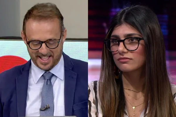 Octávio Guedes, com a cabeça baixa, no programa Estúdio I, da GloboNews; à direita, Mia Khalifa, de óculos, em entrevista à rede britânica BBC - Metrópoles