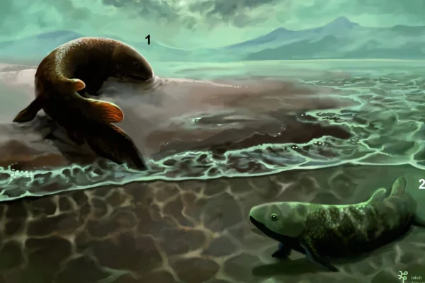 Ilustração colorida de peixes a milhões de anos atrás evoluindo para andar em solo - Metrópoles.
