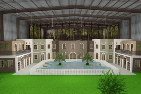 Foto colorida de um hotel em maquete - Metrópoles