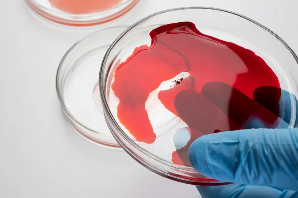 Foto colorida de exame sangue humano manipulado em laboratório - Metrópoles.