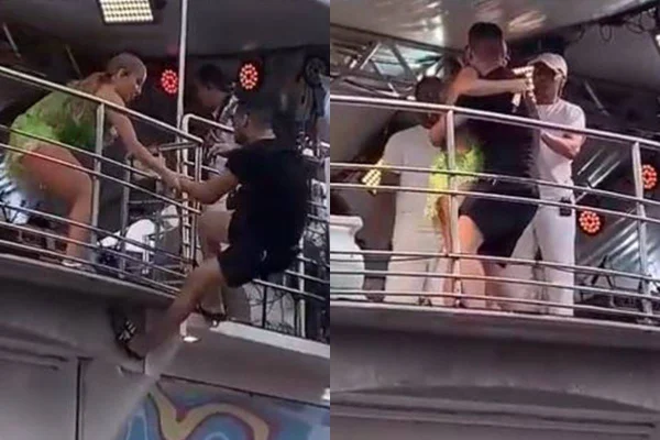 montagem com fã escalando trio de claudia leitte e depois abraçado na cantora - metrópoles