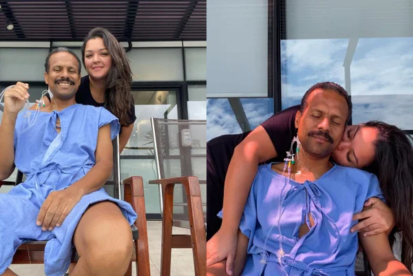 Foto de Fabricio e Stephanie no hospital durante tratamento de câncer dele
