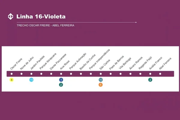Arte na cor roxa e branca ilustra linha de metrô com 16 pontos;