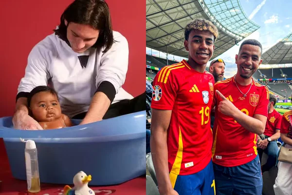 Foto colorida de Yamal, seu pai e Messi - Metrópoles
