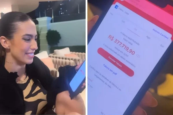 foto colorida de uma mulher segurando um selular e foto da tela de um celular