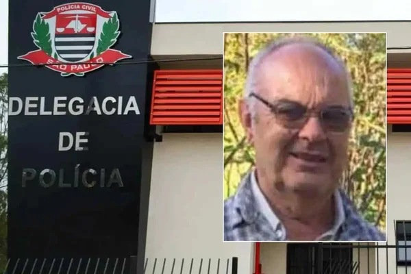 Montagem da fachada da Delegacia de SP e de Arlindo Gomes Ribeiro, de 84 anos, que estava desaparecido e foi encontrado morto - Metróples