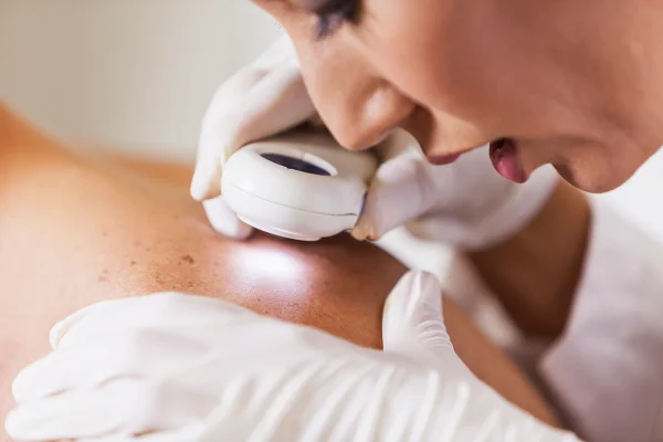 Dermatologista examinando a pele de um paciente do sexo masculino com dermascópio, observando cuidadosamente uma toupeira em busca de sinais de câncer de pele.