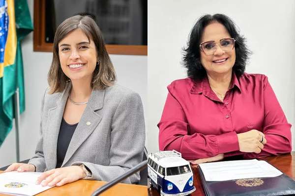 Tabata amaral e damares alves em colagem, uma do lado da outra