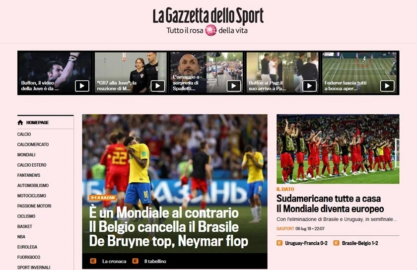 O italiano La Gazzetta dello Sport escreveu "Um Mundial às avessas. Bélgica derruba o Brasil. De Bruyne top, Neymar roda" O italiano La Gazzetta dello Sport escreveu "Um Mundial às avessas. Bélgica derruba o Brasil. De Bruyne top, Neymar roda"