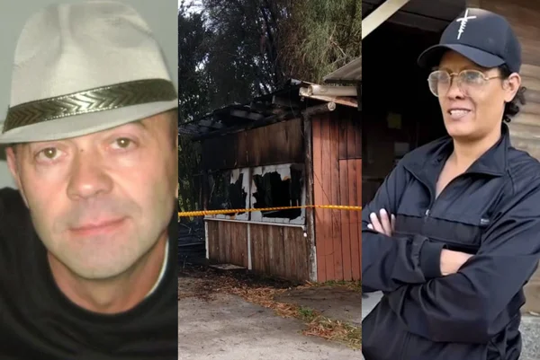 Imagem colorida de homem-bomba, ex e casa incêndiada - Metrópoles