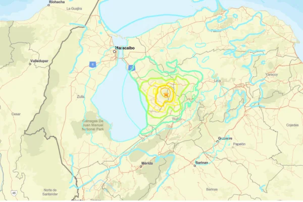 Imagem de mapa mostrando terremoto na Venezuela - Metrópoles