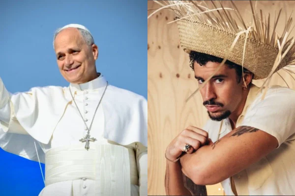 Motagem com fotos de Bad Bunny e Papa Leão XIV