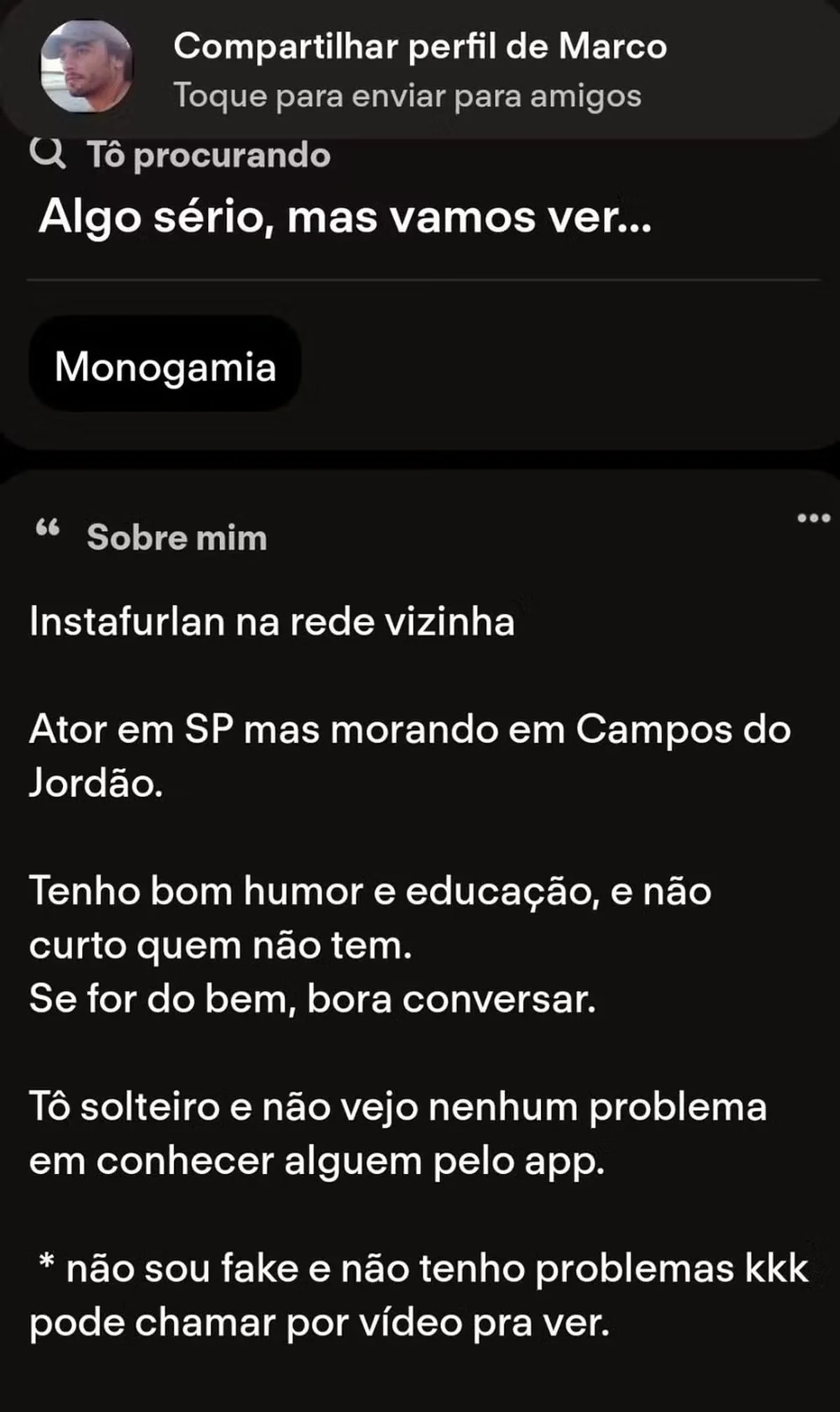 Perfil de Marco Furlan no aplicativo de relacionamento é o único ainda ativo Perfil de Marco Furlan no aplicativo de relacionamento é o único ainda ativo