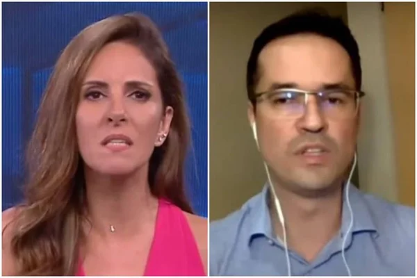 Em imagens justapostas, a jornalista Monalisa Perrone e o ex-procurador Deltan Dallagnol em entrevista à CNN. Ela pediu para o pré-candidato não interrompe-la - Metrópoles