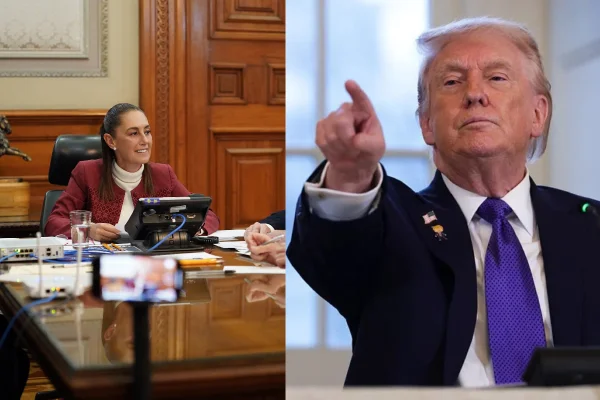 Montagem mostra presidente do México, Claudia Sheinbaum, à esquerda, e Donald Trump, presidente dos Estados Unidos, à direita