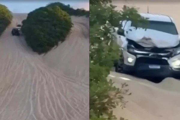 Imagem colorida, Vídeo mostra batida de frente entre veículos 4x4 em duna no RN - Metropoles