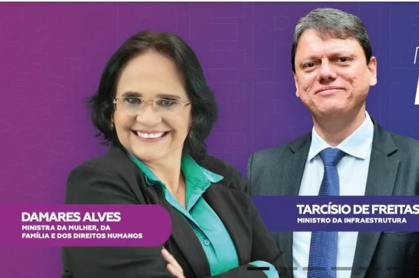 Anúncio de filiação ao Republicanos do ministro Tarcísio de Freitas e da ministra Damares Alves, com transmissão pelo YouTube - Metrópoles