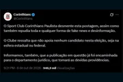 Nota do Corinthians em resposta a fake news de que o clube apoiaria Flávio Bolsonaro Nota do Corinthians em resposta a fake news de que o clube apoiaria Flávio Bolsonaro