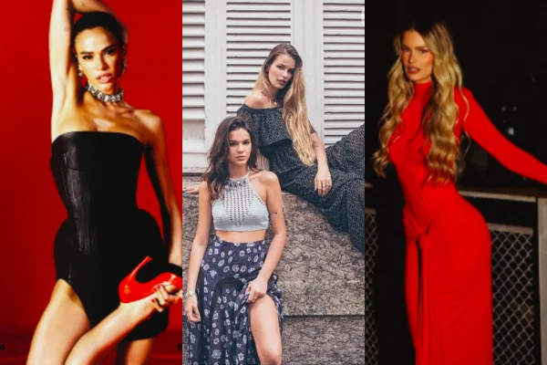 Montagem de três fotos de Bruna Marquezine e Yasmin Brunet