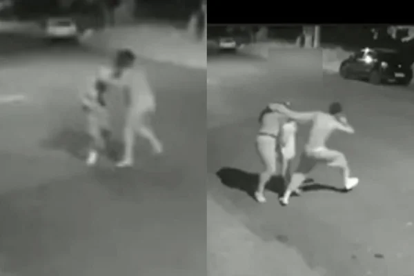 Imagem em preto e branco mostra mulher batendo em bandido que tentou roubá-la em Pedregulho, no interior de São Paulo - Metrópoles