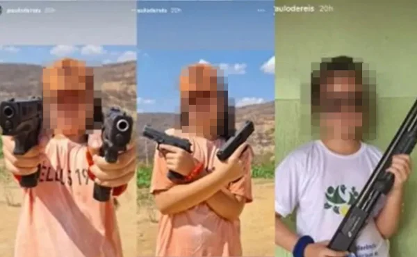 montagem de menina segurando armas