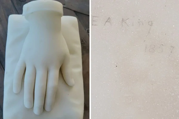 Montagem com fotso coloridas de rara estátua de mão em mármore feita no século 19 - Metrópoles
