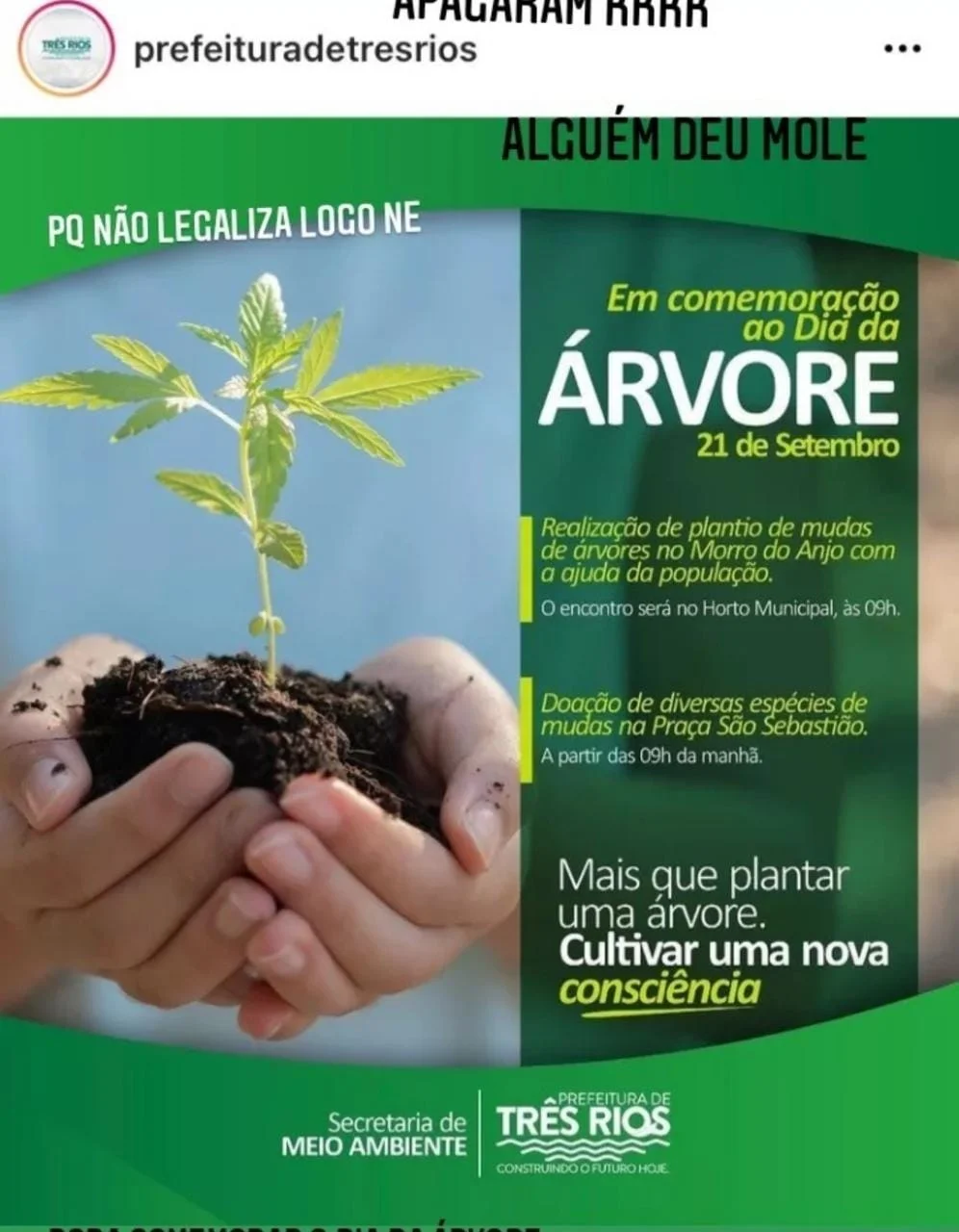 Prefeitura de Três Rios alega que frase sobre legalização da maconha é montagem Prefeitura de Três Rios alega que frase sobre legalização da maconha é montagem