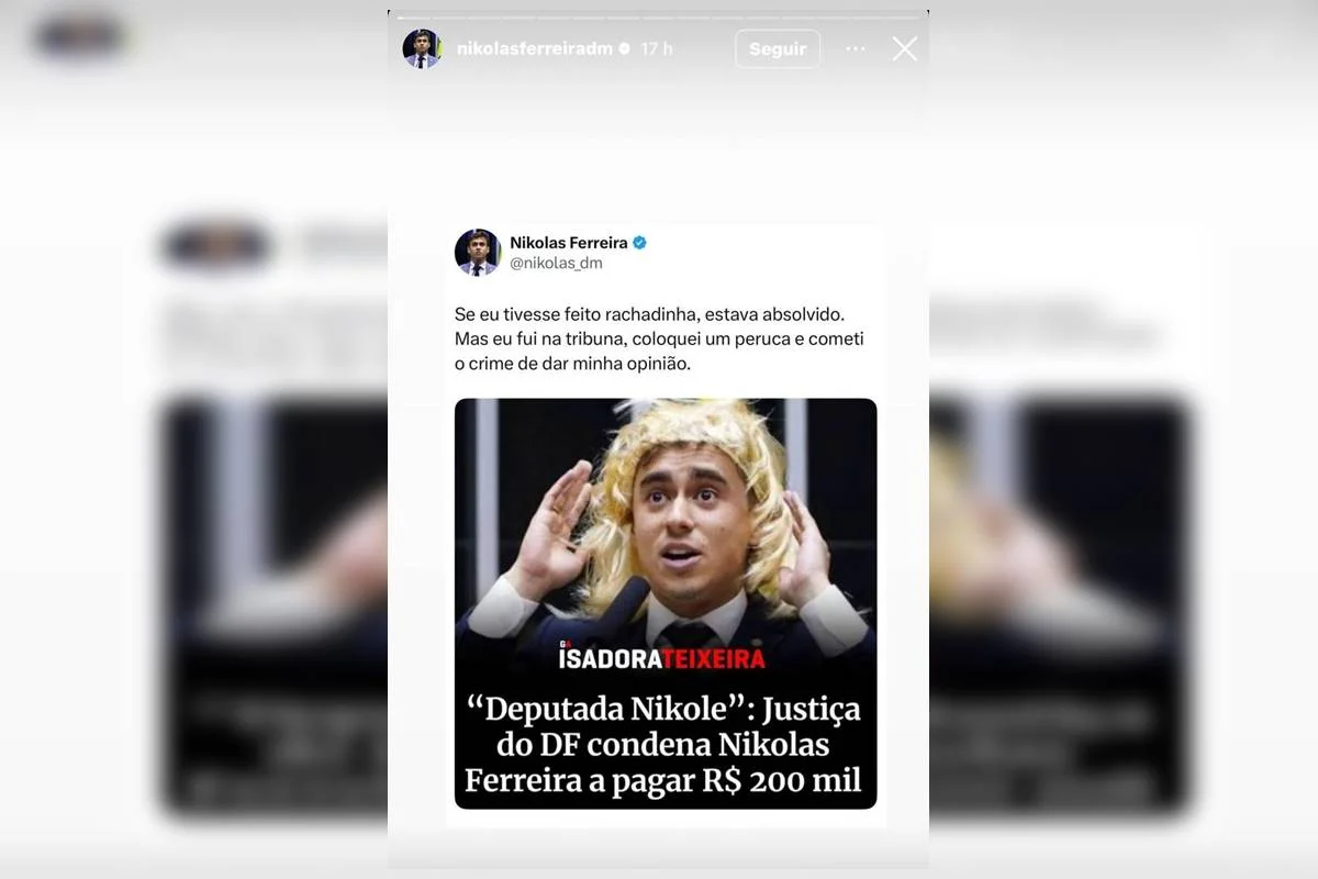Reação de Nikolas Ferreira após sentença condená-lo a pagar R$ 200 mil em indenização por dano moral coletivo por fala considerada transfóbica Reação de Nikolas Ferreira após sentença condená-lo a pagar R$ 200 mil em indenização por dano moral coletivo por fala considerada transfóbica