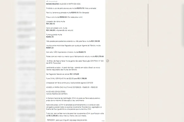 É fake mensagem sobre reajuste de multas de trânsito