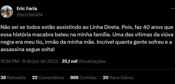 Repórter da Globo choca ao revelar que tio foi assassinado pela Viúva Negra - destaque galeria
