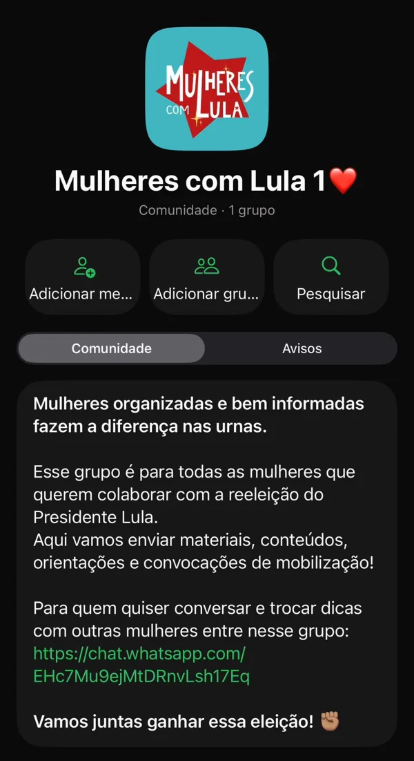 Com avanço de Flávio, Janja tenta mobilizar mulheres pró-Lula no WhatsApp - destaque galeria Com avanço de Flávio, Janja tenta mobilizar mulheres pró-Lula no WhatsApp - destaque galeria