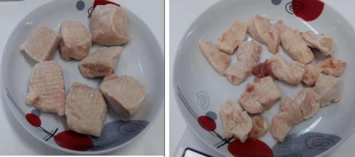 Pedaços de franco foram desclassificados por não apresentarem o tamanho correto Pedaços de franco foram desclassificados por não apresentarem o tamanho correto